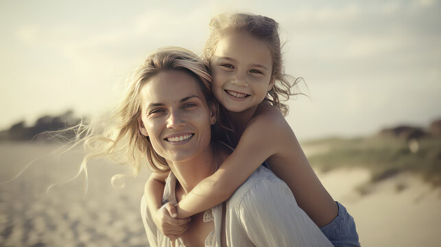 Happy mother giving daughter piggyback ride at sandy beach. Happy family day on the seashore. Summer fun.
