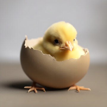 Pollito amarillo en un cascar&oacute;n de huevo con las patas asomando