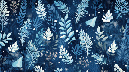 Watercolor winter background with blue leaves and snowflakes. AI generative.