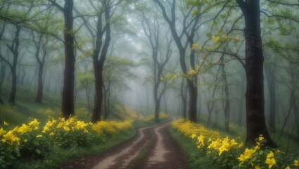 Naklejka na ściany i meble A dark beautiful forest in fog with gareen and yellow flowers