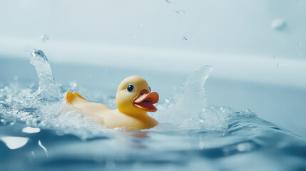 Yellow rubber toy duck floating on the water of the bathtub, calm clear water surface, light color bathroom background.
