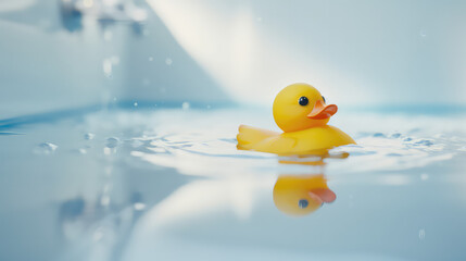 Yellow rubber toy duck floating on the water of the bathtub, calm clear water surface, light color bathroom background.
