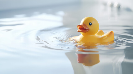Yellow rubber duck floating on the water of the bathtub, calm clear water surface, light color bathroom background.
