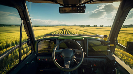 POV view from the cabin of a tractor harvesting rapeseed in a field. Modern tractor interior. Technological progress in farming, new efficient technologies, automated cultivation methods - obrazy, fototapety, plakaty