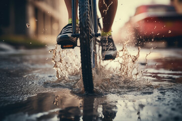 close up of cyclist legs on bike passing through water