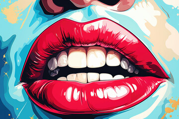 Obraz premium A striking pop art retro depiction of a woman's mouth with radiant red lips and bright white teeth set against a vintage background