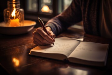 close up of writer's hand holding a pen and writing in notebook on wooden table with blurred background