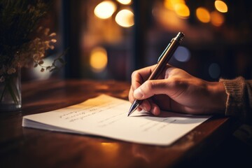 close up of writer's hand holding a pen and writing in notebook on wooden table with blurred background