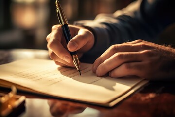 close up of writer's hand holding a pen and writing in notebook on wooden table with blurred background