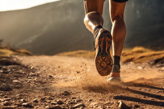 close up view of a marathon runner legs running on a hilly terrain, blurred mountains background