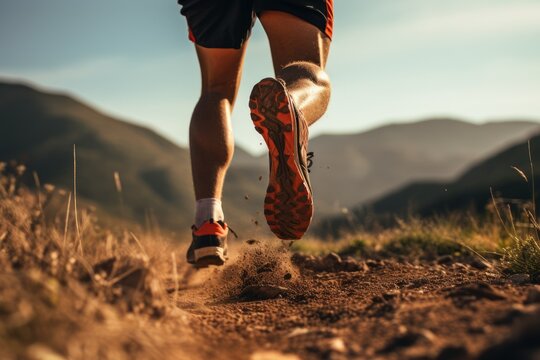 close up view of a marathon runner legs running on a hilly terrain, blurred mountains background