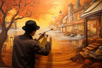 Close up of a Man Artist Painting a Street Scene