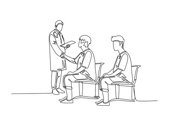 Single one line drawing of young doctor handshake the patient in hospital to ask her condition. Medical check up or health care concept. Modern continuous line draw design graphic vector illustration