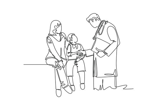 Single continuous line drawing doctor handshaking young little boy patient and check up his condition. Health care medical condition concept. Dynamic one line draw graphic design vector illustration
