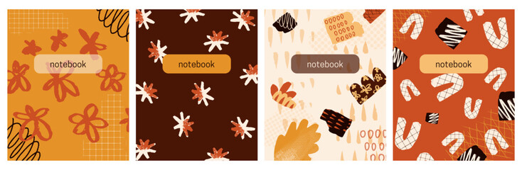 Trendy cover page notebook collection. Templates with abstract doodle shapes pattern for planner, diary, book, business catalogs, school notebooks. Hand drawn vector illustration