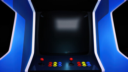 POV, close up to the empty screen of an arcade machine. An artistic, gaming 3D illustration background with copy space
