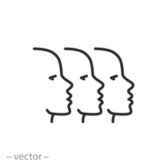 many silhouette faces icon, allyship people, mans or womans community, face profile, thin line symbol - editable stroke vector illustration