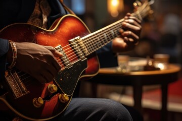 close-up view of musician's hands playing guitar