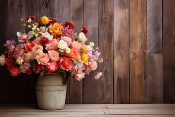 Fototapeta na wymiar A beautiful bouquet of flowers in front of a wooden wall