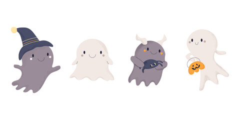 Set of cute cartoon happy ghost charactres. Funny smiling boo spirits ready for Halloween party. Vector illustration with watercolor texture on white background