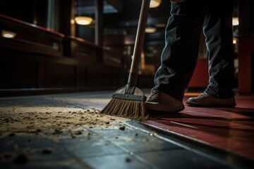 Janitor Cleaning and Sweeping Wet Floor with Broom and Mop. Close Up of Mopping Process Concept