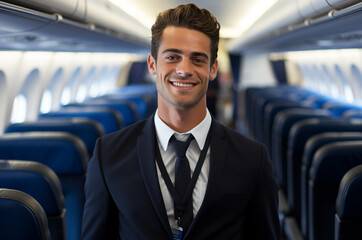 Portrait of a handsome young man in airplane cabin. Travel and tourism concept.
