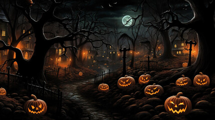 Graveyard on a Halloween Night. Pumpkins, dark, horror, scary, desolate, spooky, Generative AI