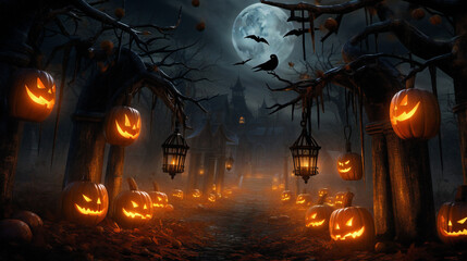 Graveyard on a Halloween Night. Pumpkins, dark, horror, scary, desolate, spooky, Generative AI
