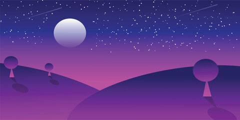 night illustration with stars and full moon landscape view 