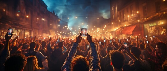 The hands of concertgoers using cellphones to shoot videos or stream live.