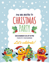 New year funny dragons. 2024 holiday symbol, cute animals, mythological creatures in santa hats decorate christmas tree, chinese new year poster, invitation and greeting, tidy vector concept