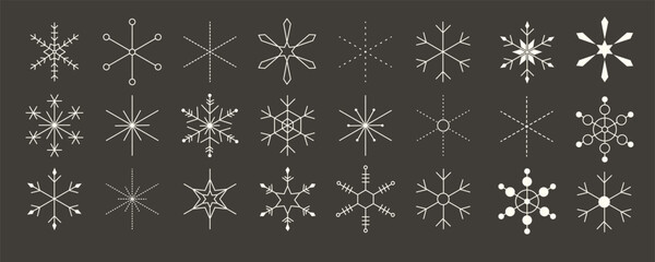 Modern minimalist Christmas background with simple geometric snowflake patterns. Vintage Xmas flake and star icon collection. Vector illustration isolated on black background
