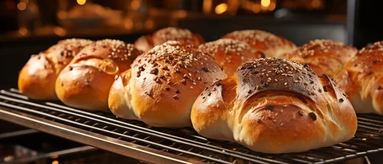 Crédence de cuisine en verre imprimé Pain shelf-mounted baked loaves and buns,.