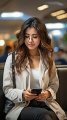 Asian female traveller in casual attire using a smart phone.
