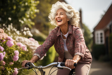 A senior hipster lady, confidently riding a vintage bicycle through a picturesque urban park. The image should capture the joy of cycling and the beauty of the natural surroundings. Generative AI