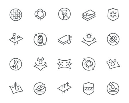 Textile Advantages and Technology Icons. Collection showcasing material properties like water repellency, lightweight, recyclability, and antibacterial features. Perfect for web design.