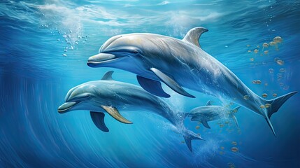 dolphins swimming in the blue ocean , Dolphins inhabiting Mikurajima in Tokyo