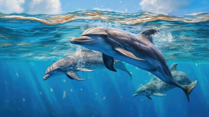 Obraz premium dolphins swimming in the blue ocean , Dolphins inhabiting Mikurajima in Tokyo