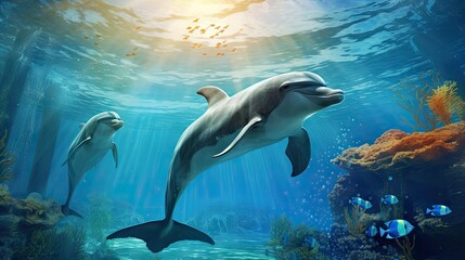 Obraz premium dolphins swimming in the blue ocean , Dolphins inhabiting Mikurajima in Tokyo