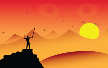 silhouette of a person on the top of mountain illustration dusty wind and weather 