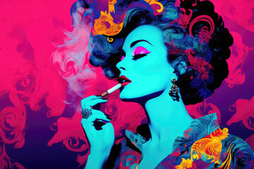 A glamorous woman stylishly smoking a cigarette, showcased against a dynamic pop art patterned background of contrasting magenta and azure hues.
