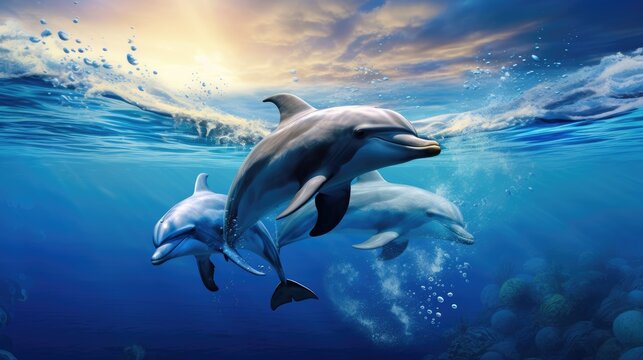 dolphins swimming in the blue ocean , Dolphins inhabiting Mikurajima in Tokyo