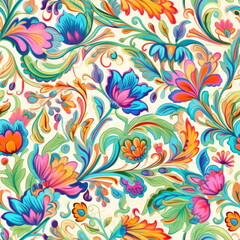 Fototapeta na wymiar Bold and colorful henna inspired floral motifs seamless pattern, AI Generated .