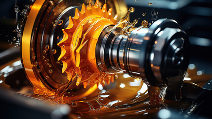 Oil lubrication aids in the precise machining of a gear wheel in metalworking. - obrazy, fototapety, plakaty