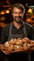Fresh hot bread is on a platter in the hands of a baker.
