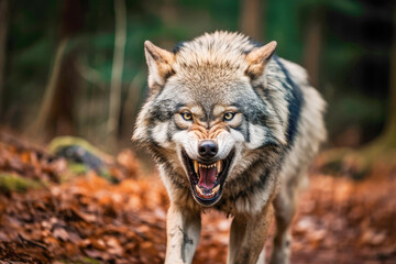 Naklejka na ściany i meble A snarling grey wolf, a powerful symbol of wildlife in the forest, reminding us of the inherent risks in the great outdoors.