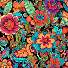 Bold and colorful henna inspired floral motifs seamless pattern, AI Generated .