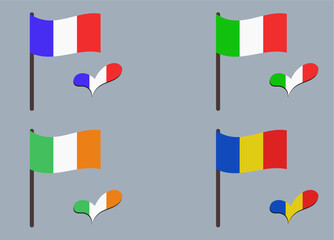 Set of flags (France, Italy, Romania, Ireland). Heart in flag colors. Set of national symbols