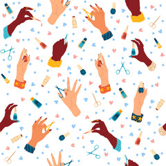 Seamless pattern with hands, fingernails and nail polishes. Nail bar accessories and equipment, beauty salon background. Decor textile, wrapping paper, wallpaper design. Vector cartoon concept