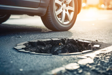 a deep and dangerous pothole on a worn-out asphalt road, highlighting the risk it poses to passing cars and the urgent need for repair. - obrazy, fototapety, plakaty